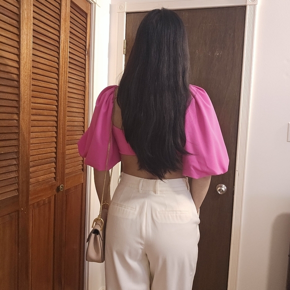 ZARA CROP TOP WITH PUFF DETAIL HOT BRIGHT PINK CERISE FUCHSIA size M - Picture 4 of 6